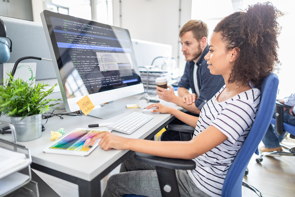 Two colleagues looking at code on a desktop computer.